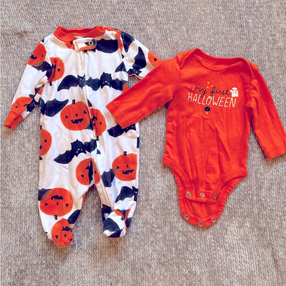 Carter’s Baby Halloween 2 Piece Bodysuit Footie Pajama Set 3M Pumpkin Bat